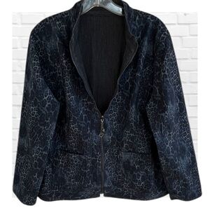 Chico’s Reversible Jean Jacket Animal Print Blue Zip Front Plus Size Denim